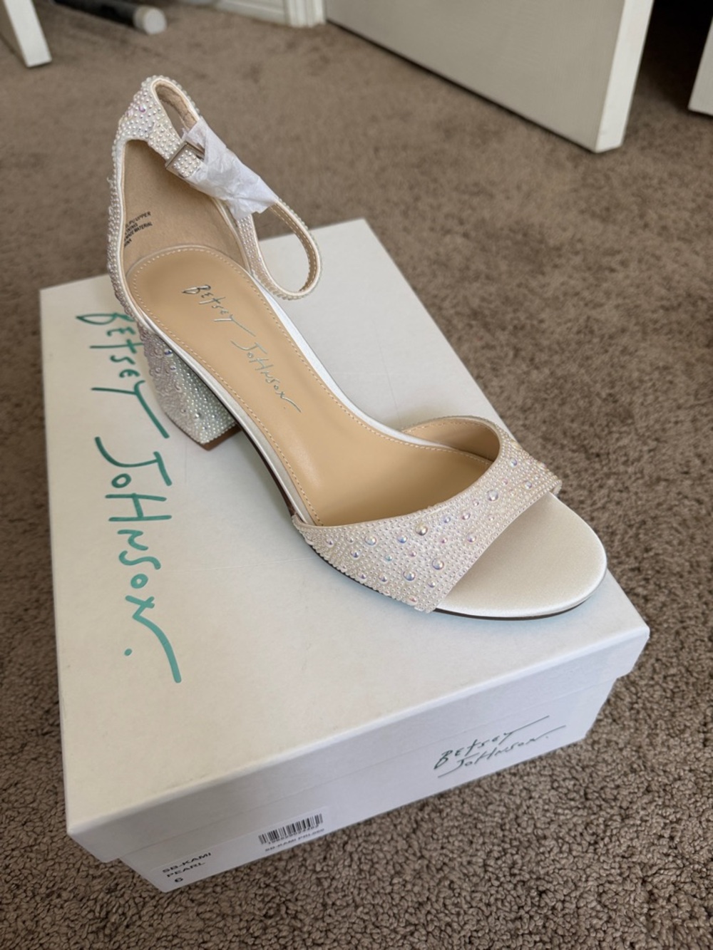 Betsey Johnson Ivory Crystal-Embellished Block Heel Sandals